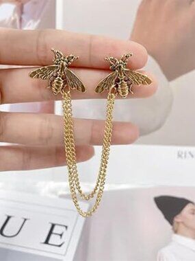 Double Vintage Look Honey Bee Brooch Lapel Pins Hanging Chain Tassel Silver